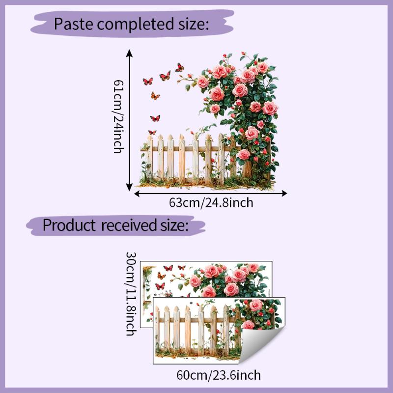 Romantic Rose Wall Decals, Rose Vine Fence Floral Stickers Wall Art Murals, Peel And Stick Self-Adhesive Stickers For Girls Bed