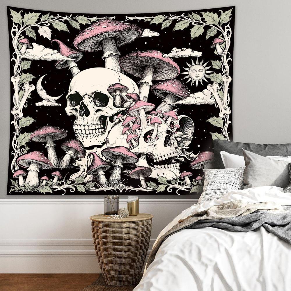 Dark Vintage Skull Tapestry Mushroom Sun Moon Print Wall Tapestry for Witchy Aesthetic Living Room Decor 100X70CM