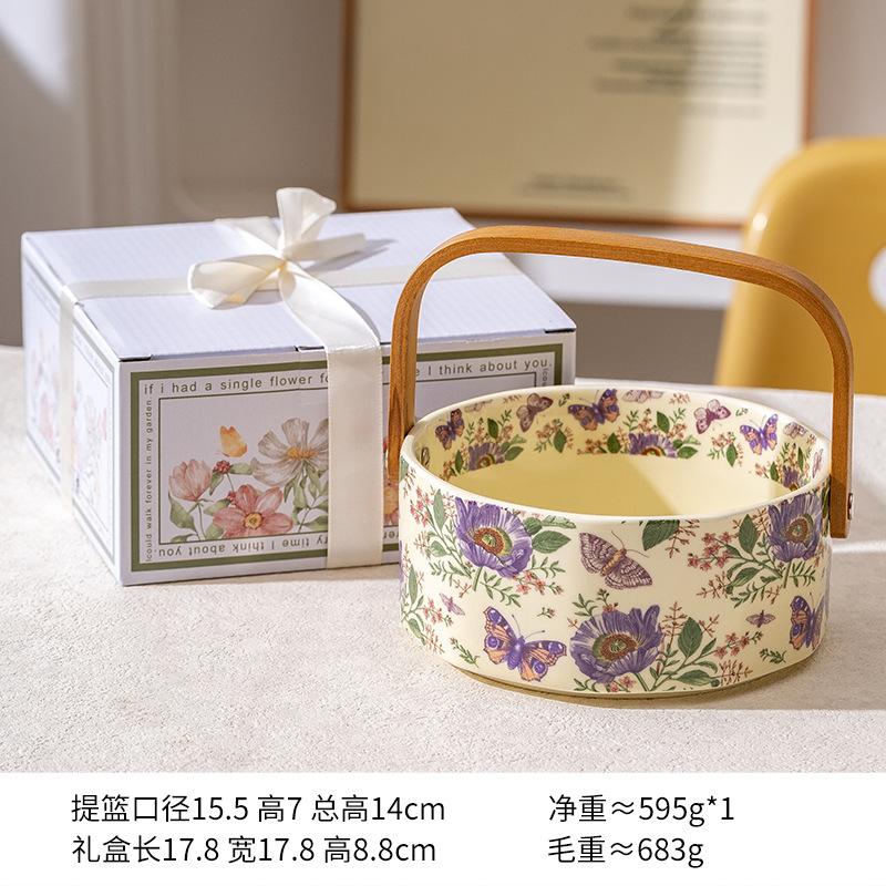 Retro Crape Myrtle Flower Ceramic Fruit Blue Home Living Room Dried Fruit Candy Dim Sum Plate Portable Fruit Blue Gift Box 800ml