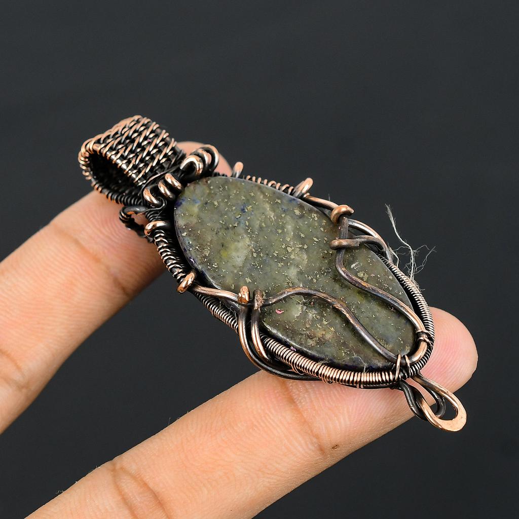 Natural Lapis Lazuli Gemstone Handmade Copper Wire Wrapped Pendant 2.8" K0I52