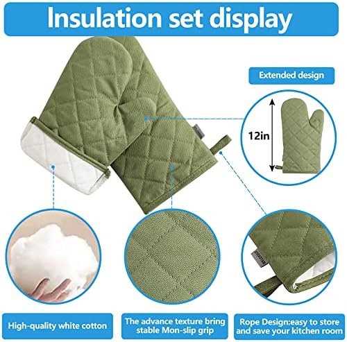 High Temperature Resistant 500 Degree Thickened and Lengthened Kitchen Cotton Cooking Gloves and Pot Holders 4 Piece Set 12 Inches Green