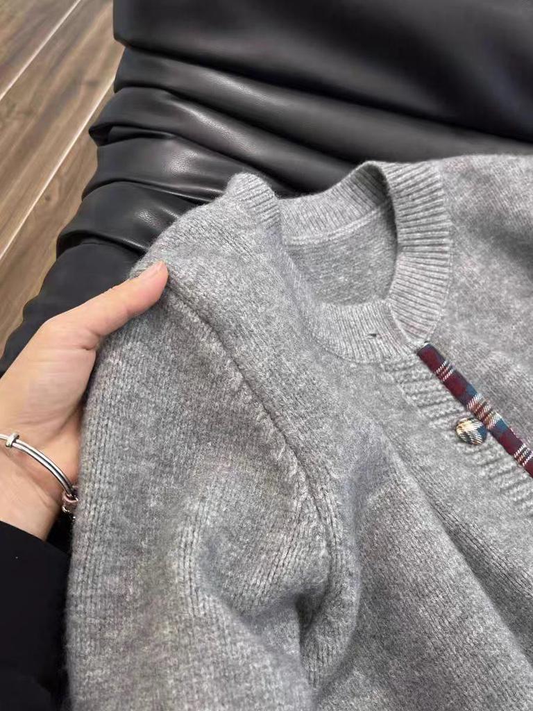 Women's Loose Knit Plaid Patchwork Cardigan - Korean Style, Round Neck, Fake Two-Piece, Spring/Summer 2025