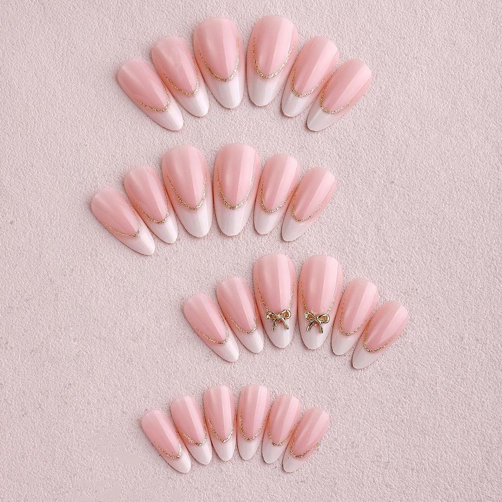 European & American Nude Pink Bowknot Almond French Nails with Gold Edge