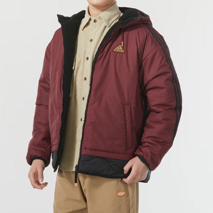 Adidas Logo Reverzibilní Patchworková Ležérní Bunda s Kapucí z Umělé Střižní Vlny Pánská Bunda Malina IW4037