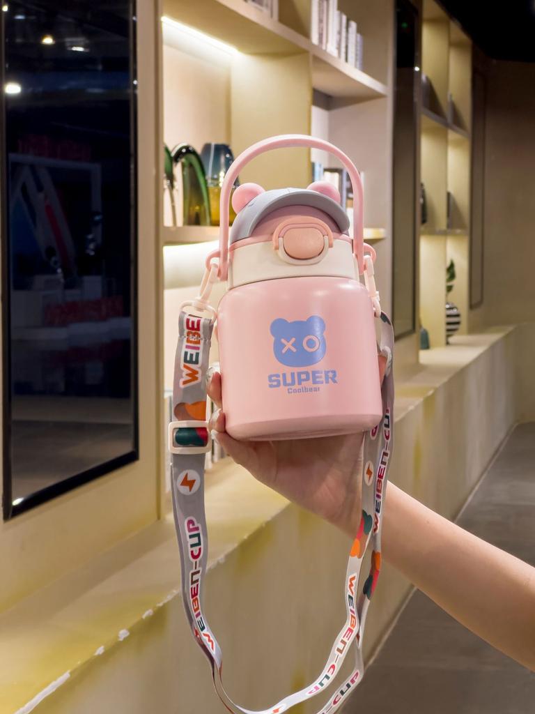 316 Stainless Steel thermos cup handle strap 600ML stainless steel straw children's straw water punk bear water cup male and female student cup