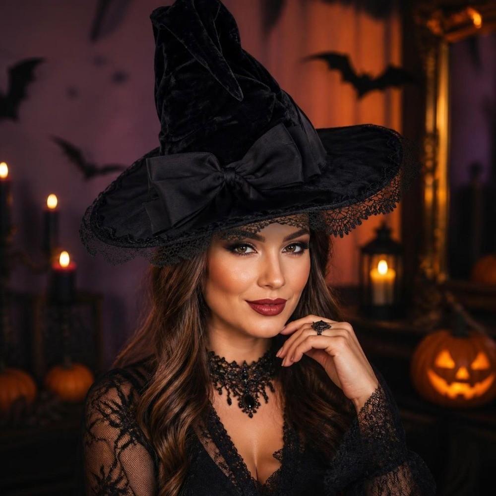 Vintage Lace Trim Witch Pointed Hat Adult Size Bandage Bow Wizard Hat Cosplay Costume Lolita Bucket Hat Halloween Party