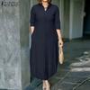 ZANZEA Women Casual Turn Down Collar Solid Color 3/4 Sleeve Shirt Dress