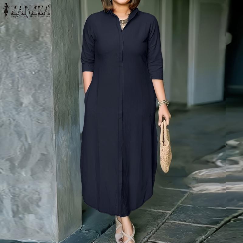 ZANZEA Women Casual Turn Down Collar Solid Color 3/4 Sleeve Shirt Dress