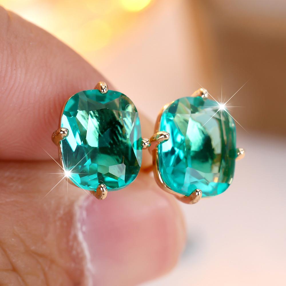 

1 пара прямоугольных серег-пусет с белыми, зелеными, фиолетовыми и красными цирконами для женщин, простые серьги золотого цвета, ювелирный подарок зелёный/золотой