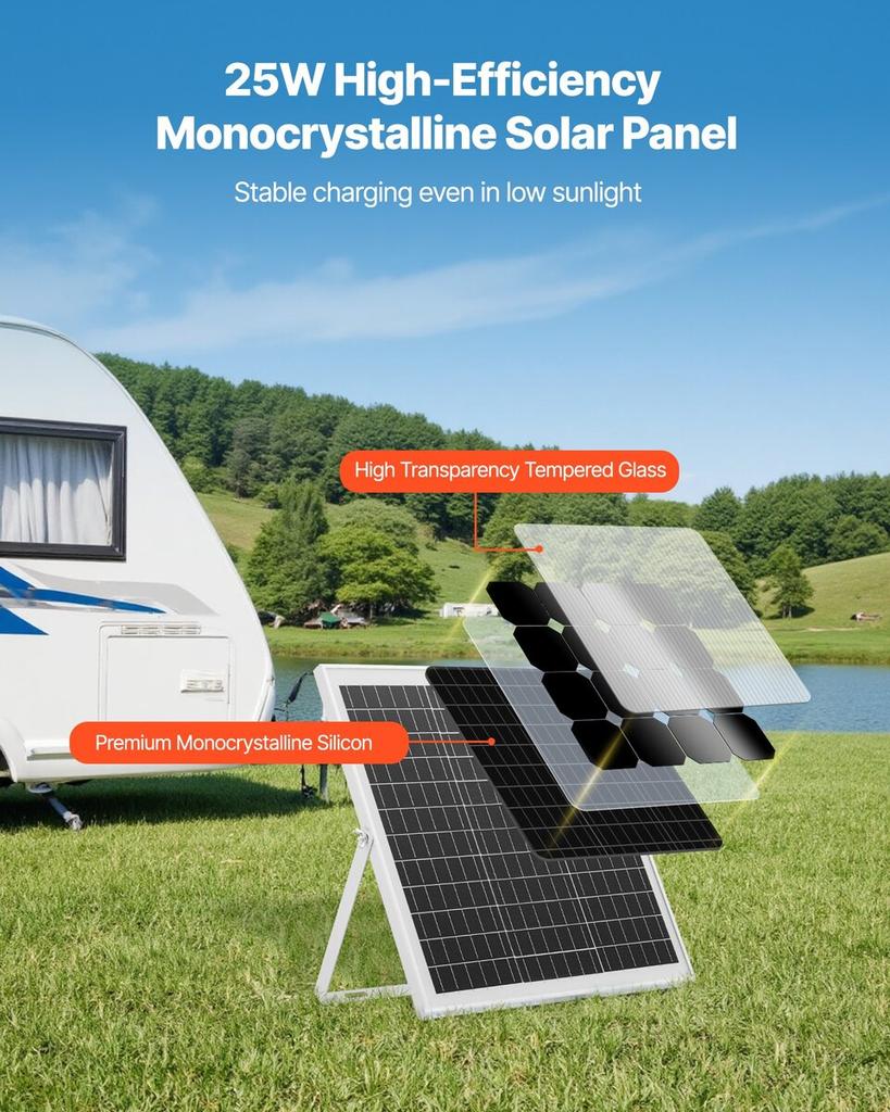 25W 12V Solarpanel Batterieladegerät, Solarbatterie-Erhaltungsladegerät mit intelligentem MPPT-Regler und verstellbarer Montagehalterung, IP67