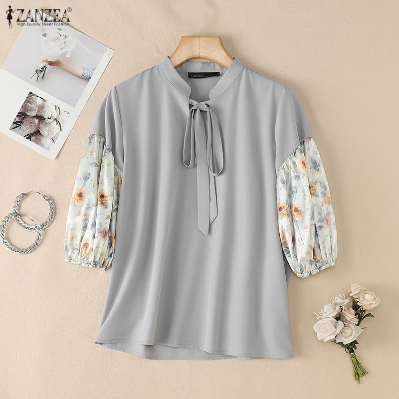 ZANZEA Women Casual V-Neck Floral Print Splice 3/4 Sleeve Blouse