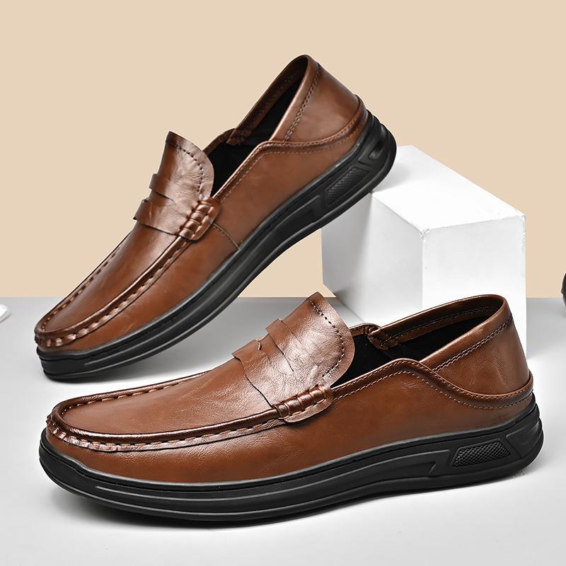 

Мужская обувь большого размера 2025 лето новая мягкая подошва амортизация удобная для ног для вождения мужские простые деловые повседневные кожаные туфли 38 коричневый