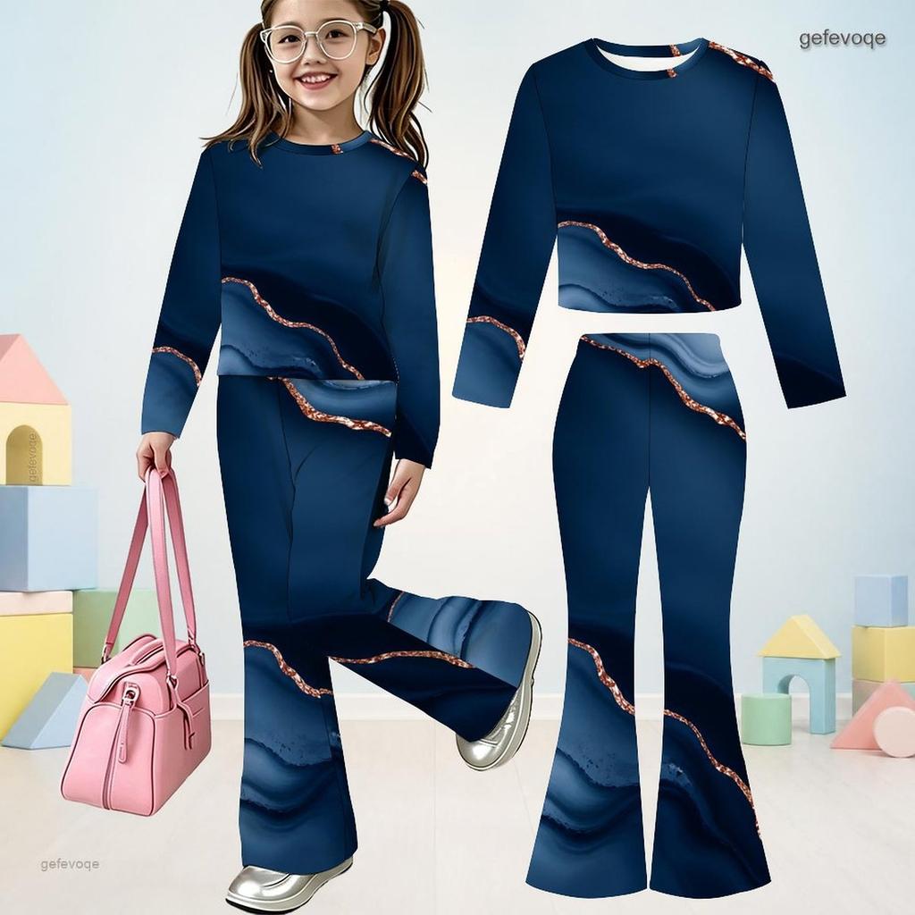 Mädchen Rundhals Langarm Blau Bedruckt Oberteil Ausgestellte Hosen Zweiteiliges Set