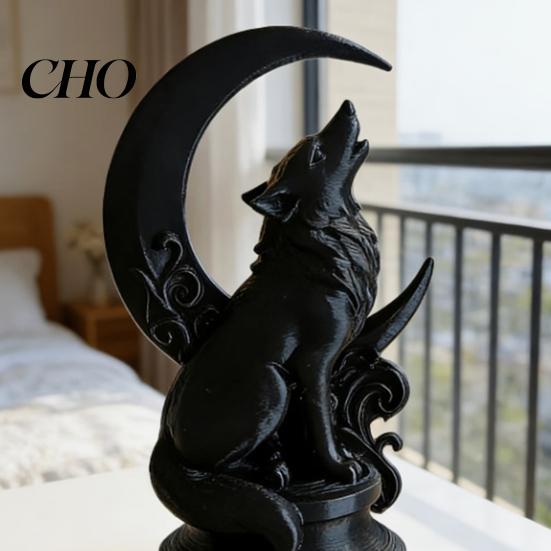 Decorazione Lupo che Ruggisce di Notte Scultura Ululante Stampata 3D con Base a Luna Crescente, Statuetta Nera Opaca Spessa Resistente Arte da Collezione, Gotica