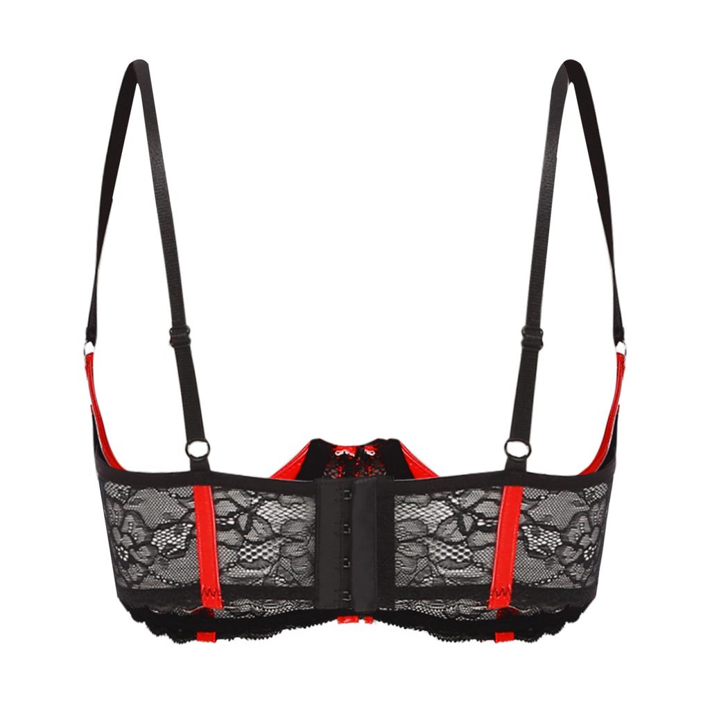 Womens Patent Leather 1/3 Cup Underwired Bra Floral Lace Brassiere Lingerie Underwear Honeymoon Gift