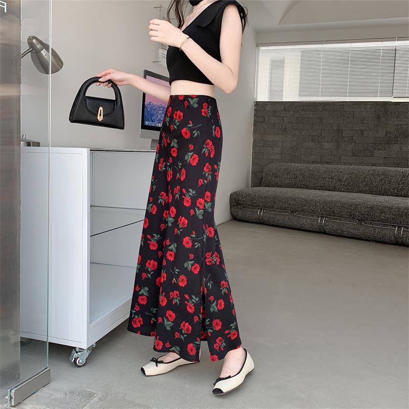 French Retro Print Chiffon A-Line Midi Skirt with Slit - Seaside Vacation Style