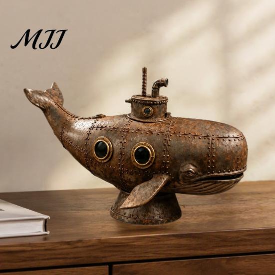 Retro Style Room Decor Vintage Mechanical Whale Sculpture, Futurism Steampunk Submarine Art Statue, Resin Aged Look Marine Statue Rivet Model for Home
