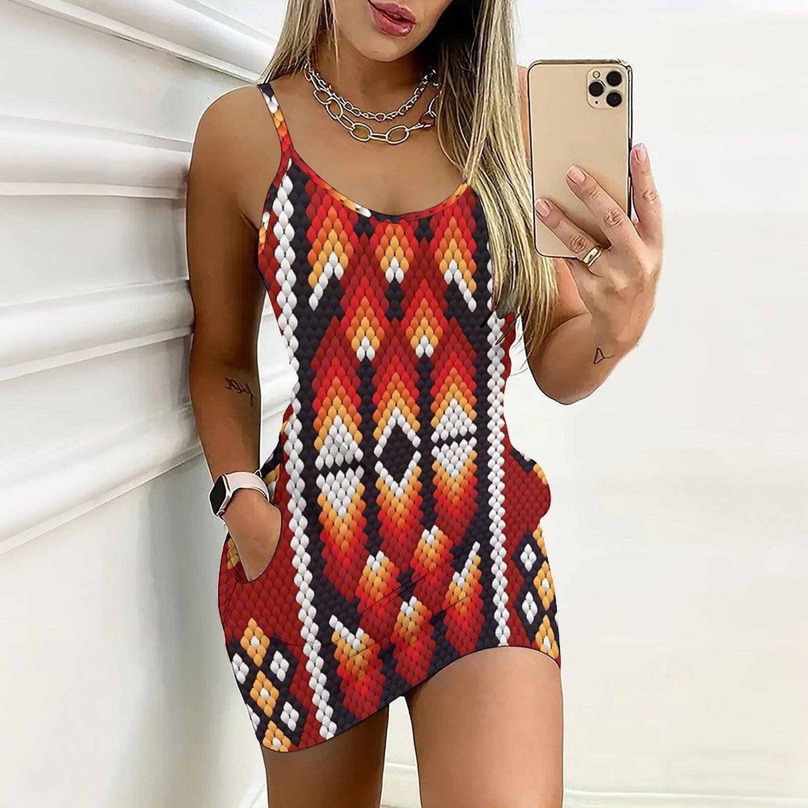 

Summer New Retro Patterns Print Sleeveless Bodycon Dress with Pockets Sexy Slim Fit Elegant Party Dress XXL червоний