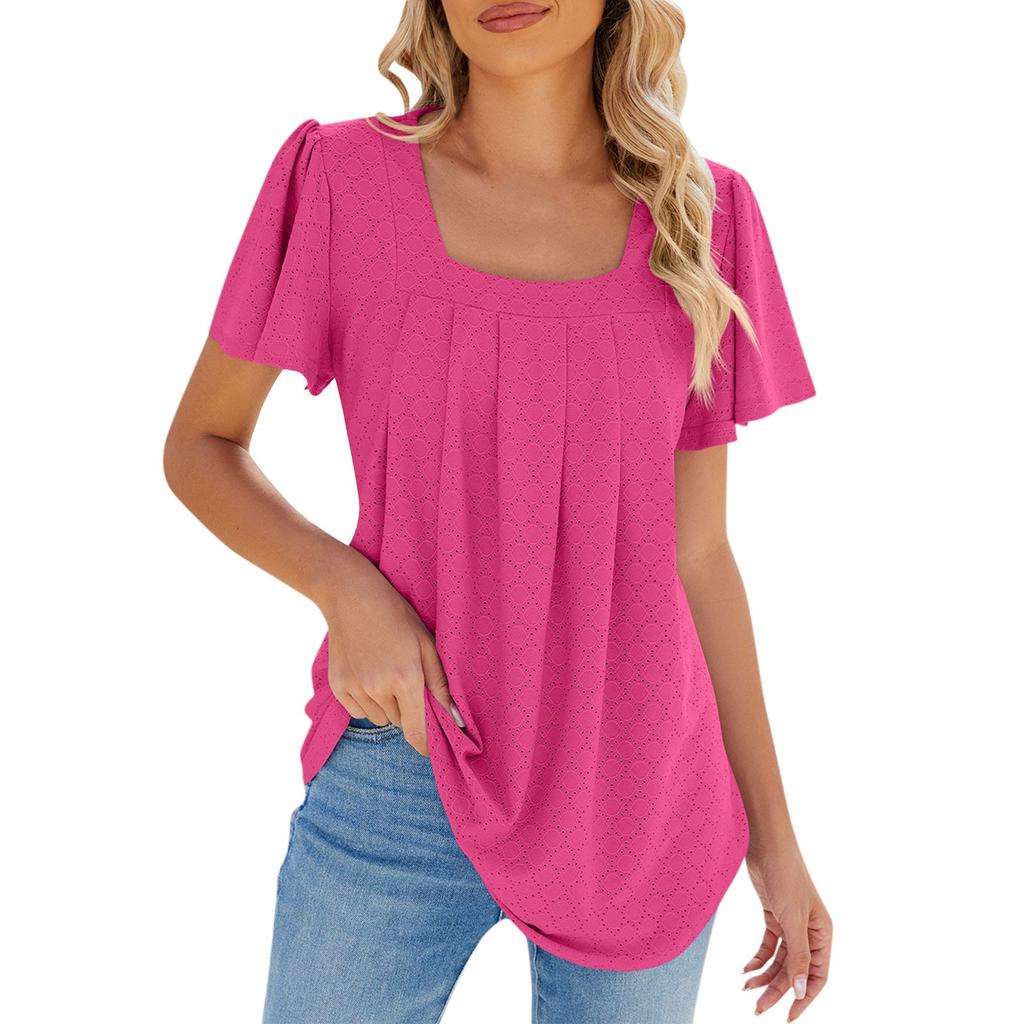 Women's Fashion Solid Color Square Neck Pleated Short Sleeved Loose T-shirt Top