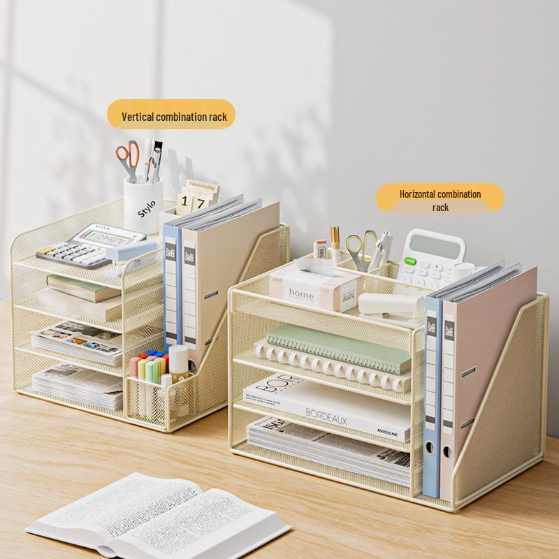 Multi-Layer A4 Desktop File Organizer and Bookends: Office Document Rack and Storage Box