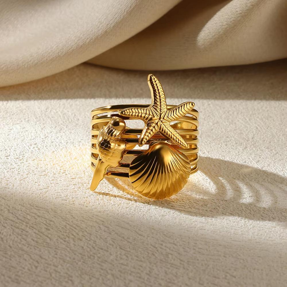 Stainless Steel Starfish Shell Rings For Women Gold Color Starfish Finger Ring Vintage Summer Vacation Christmas Jewelry Gift