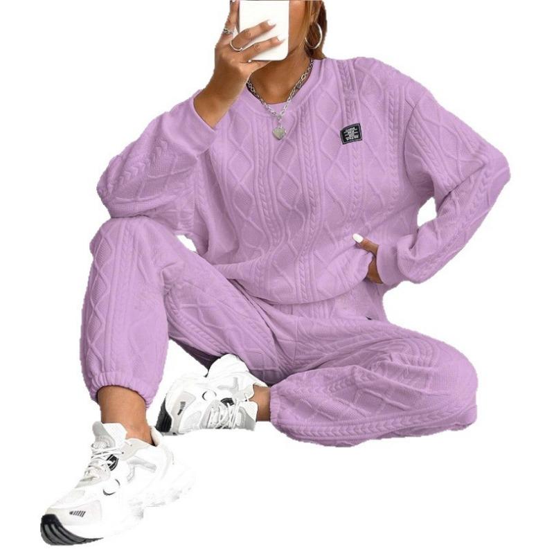 Women Fashion Casual Two Piece Set Long Sleeve Jacquard Sweatshirt And Long Pants