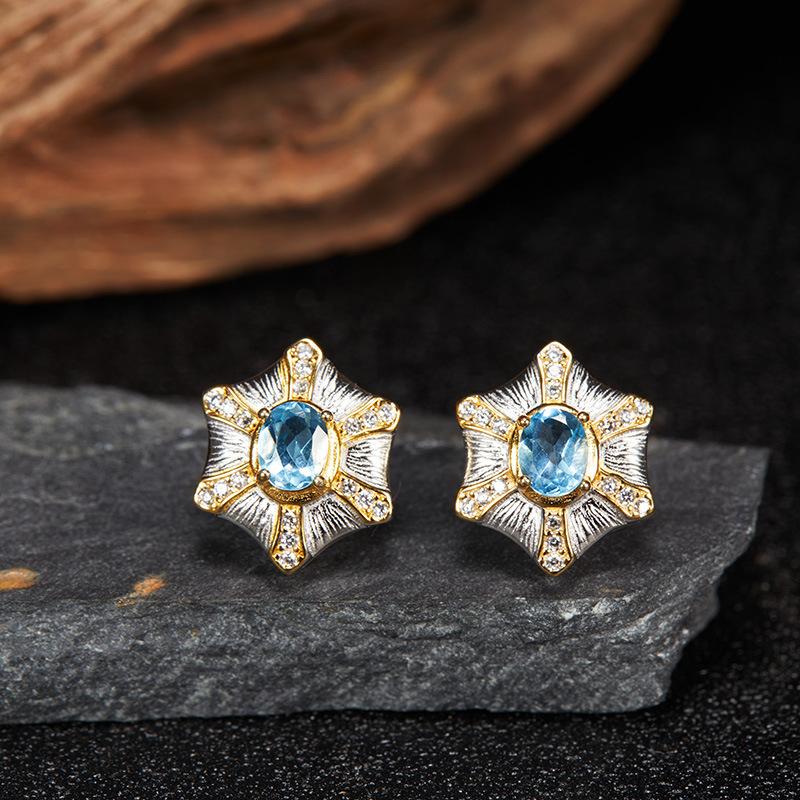 Premium S925 Sterling Silver Natural Gemstone Colored Treasure Stud Earrings Color Separation Does Not Fade Jewelry