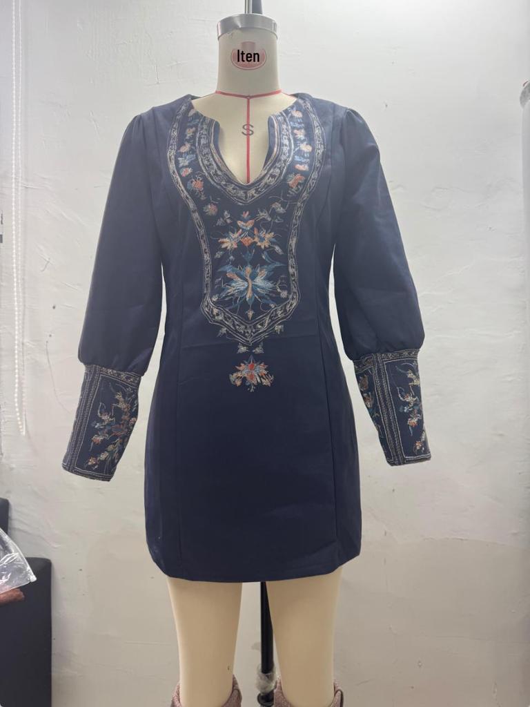 2025 European & American Women's V-neck Embroidered Mini Bodycon Dress