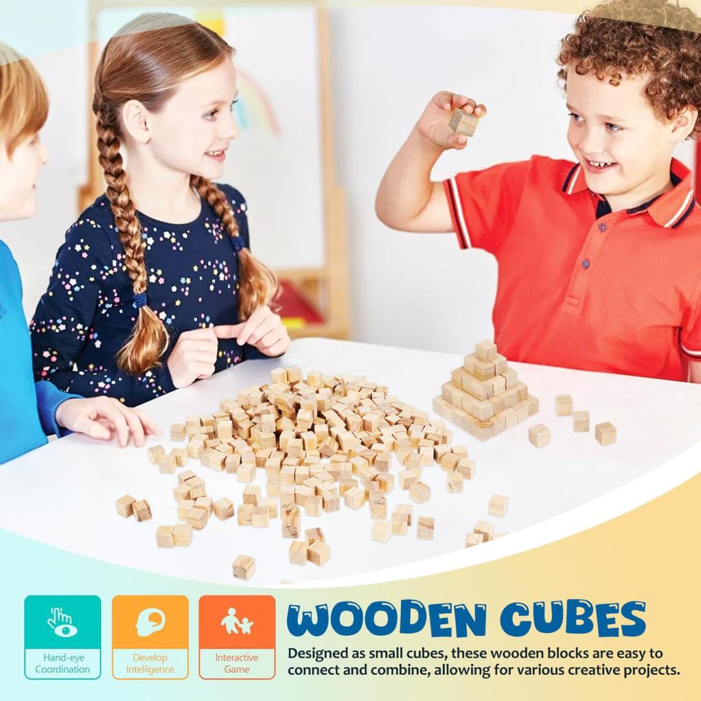 KALLORY 300-Piece Set of 1.50cm Wooden Building Blocks, Unfinished Cubes for Crafts, DIY Puzzles, and Creative Building Materials for Kids