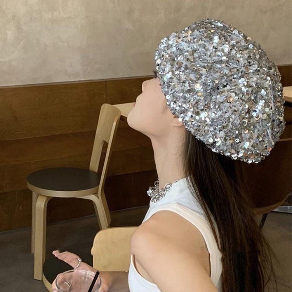 Thin Sparkling Sequin Beret Octagonal Shape Fashion Beret Fashionable Newsboy Cap  Dance Stage
