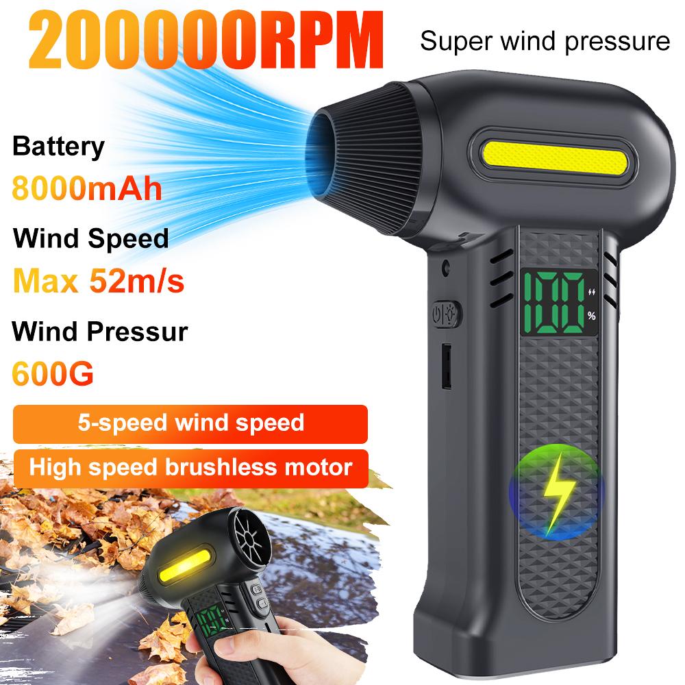 Turbo Blower Type-C Charging 5 Gears Adjustable Car Snow Removal Jet Fan Electric Air Duster Strong Blowing Cordless Multi Outlet Nozzles 200000RPM