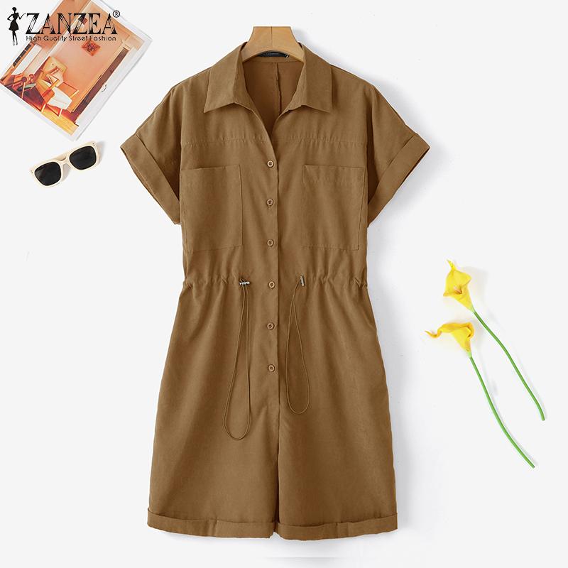

ZANZEA Женские комбинезоны-ромперы с лацканами, короткими рукавами, пуговицами и кулиской на талии, повседневные 2XL коричневый