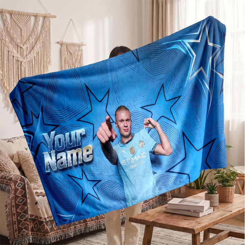 Erling Haaland Personalized Fleece Blanket With Football Logo, Custom Name Text Soft Warm Home Throw Blanket