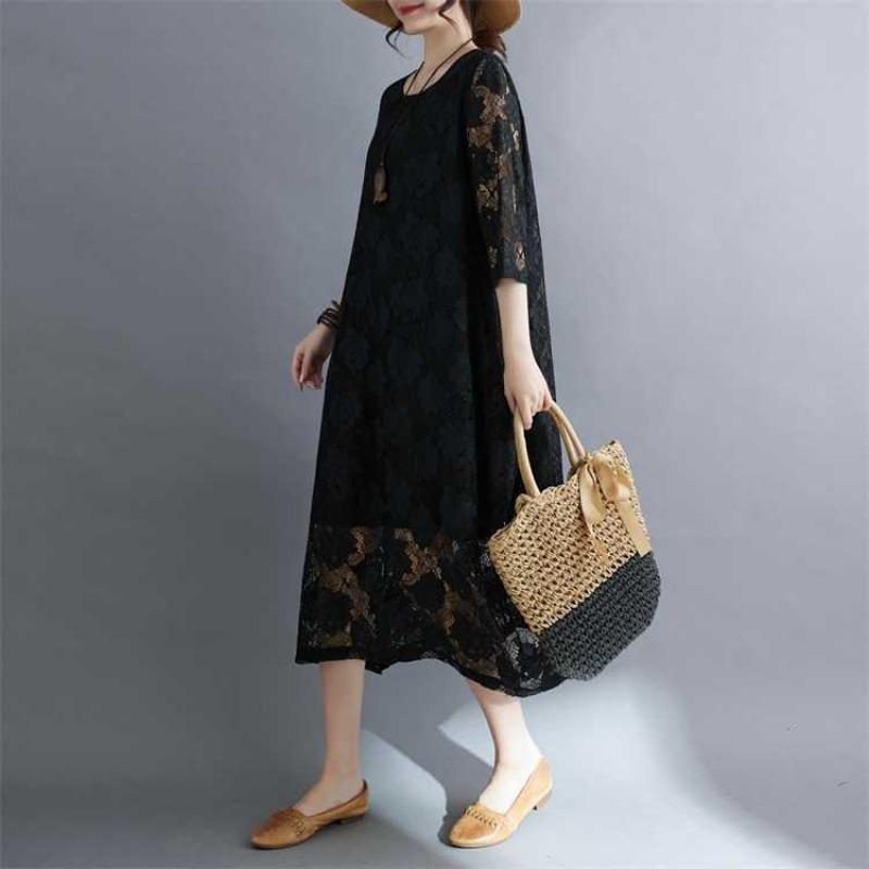 Summer Ethnic Style Lace Vintage Loose Dress Women Print Solid Color Round Neck Patchwork Pocket Long Sleeved Casual Versatile Dresses