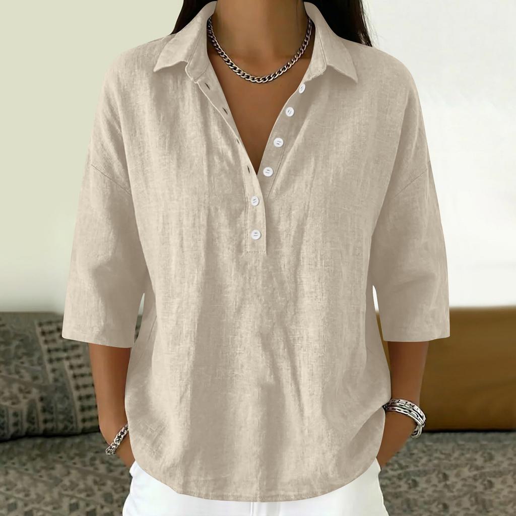 Damen 3/4 Ärmel Knopfleiste Hemdbluse V-Ausschnitt Elegant Lässig Sommerblusen Business Tops Arbeitshemden mit Kragen