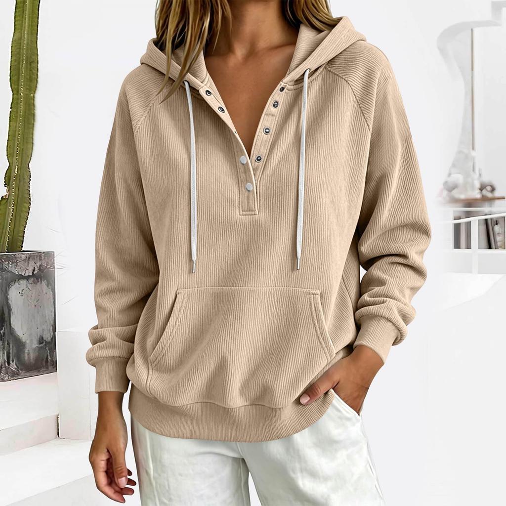 Women's Casual Lightweight Pullover Hoodie Long Sleeve Ribbed Texture Half Button Front Kangaroo Pocket Drawstring Hood Sweatshirt