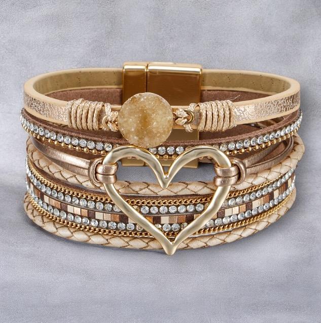 Women' multicolored leather braided bracelet with beige stone