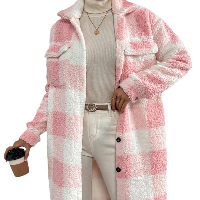 Herfst en Winter Open Knoop Revers Pluche Ruitjesjas Los Temperament Pendelaar Lange Jas Dames