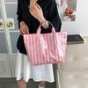 This Water-Resistant Pvc Tote Bag Features A Pink And Blue Striped Design, A Large Capacity, And Is Suitable For Beach Shopping,