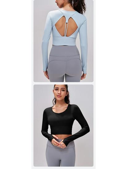 Women's Cross-border Long Sleeve Yoga Top with Fixed Cups and Hollow Back Design