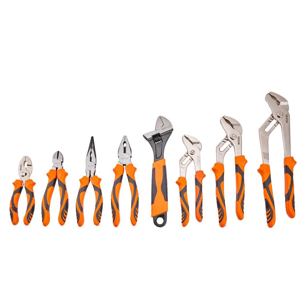 Pliers Set, 8-Piece, High Carbon Steel, 12"/10"/8" Groove Joint Pliers, 8" Linesman's Pliers, 6" Slip Joint Pliers, 8" Long Nose Pliers, 6" Diagonal