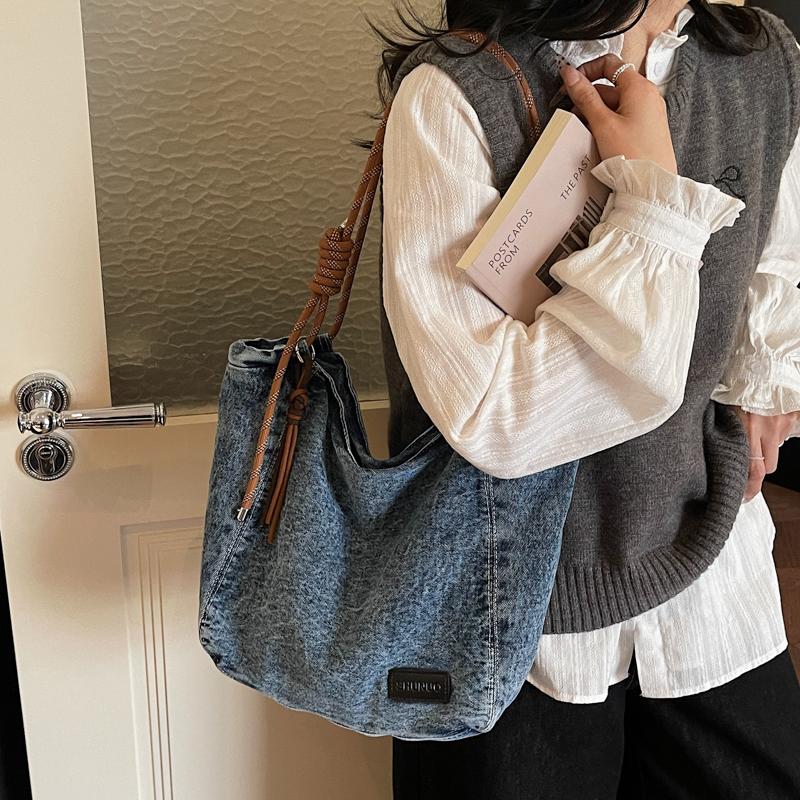 Duża Pojemność Retro Jeansowa Torba Damska Jednokolorowa Na Ramię Crossbody