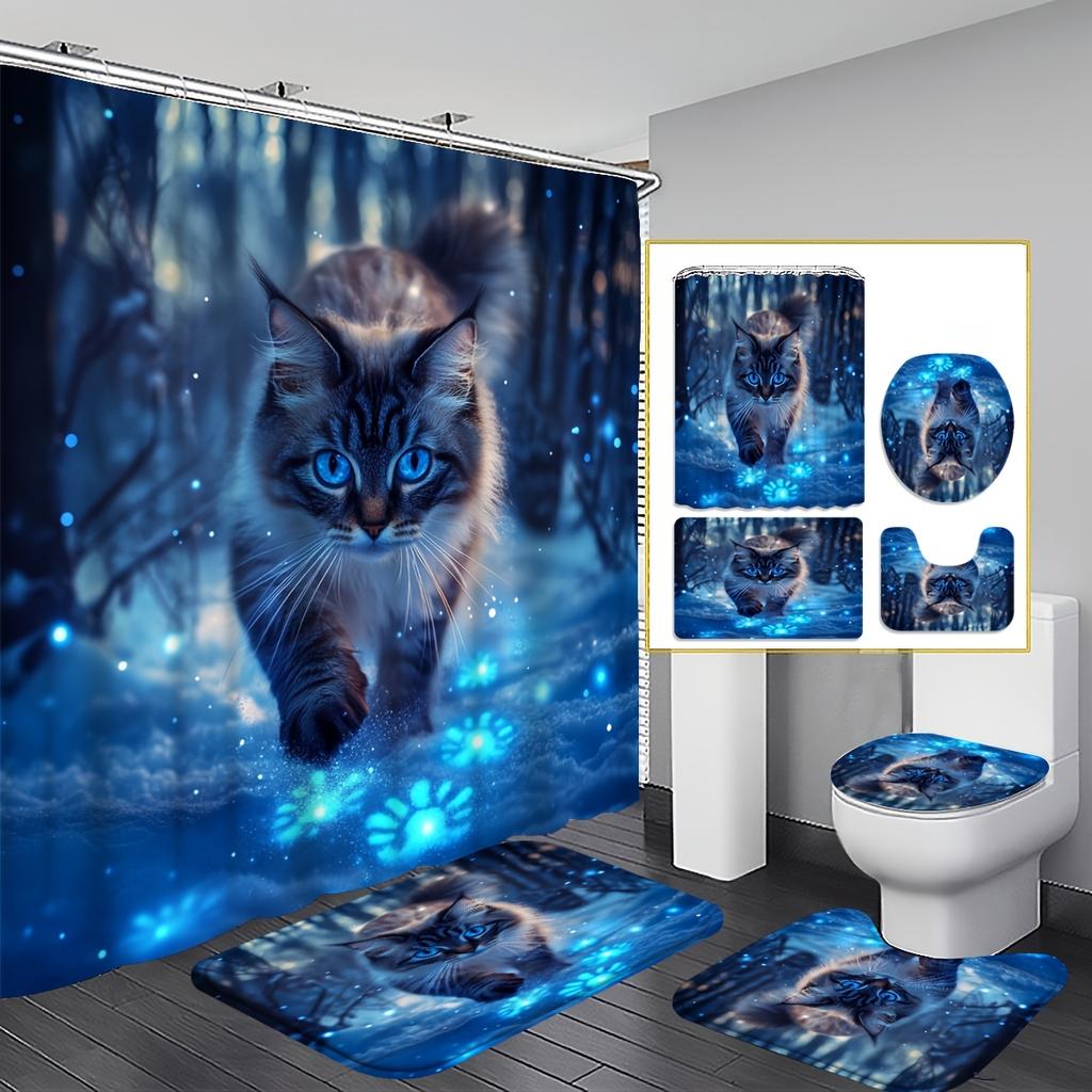 4Pcs Enchanted Cat Shower Curtain Set with Non-Slip Bath Mat, Toilet Lid Cover, Contour Rug & 12 Hooks, Bathroom Decor