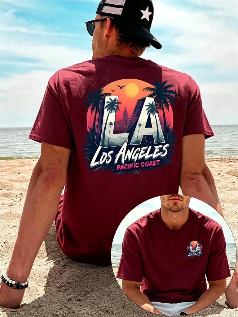 Men Los Angeles LA T Shirt Vintage California Beach Palm Tree Sunset Graphic Print Streetwear Casual Summer Short Sleeve Tee