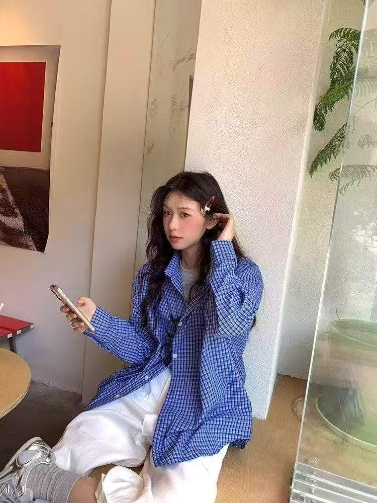 Blue Plaid Korean Style Women's Shirt - Spring/Summer, Autumn Sun Protection, Loose Slimming Design