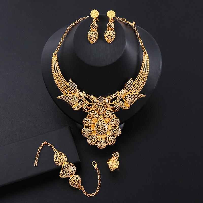 4pcs Luxury 24k Gold Color Zircon Set For Women Dubai Bridal Wedding Necklace And Earrings Set African Choker Party Gifts