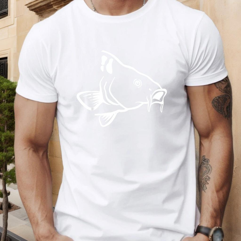Men Cotton T-Shirt with Intricate Fish Print Comfortable Round Neck Summer Style Regular Fit Adult