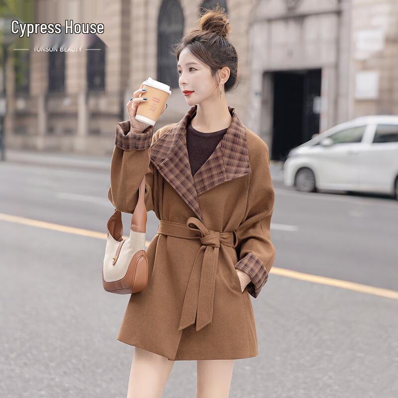 

Women s Contrast Plaid Waist-Tie Trench Coat XL