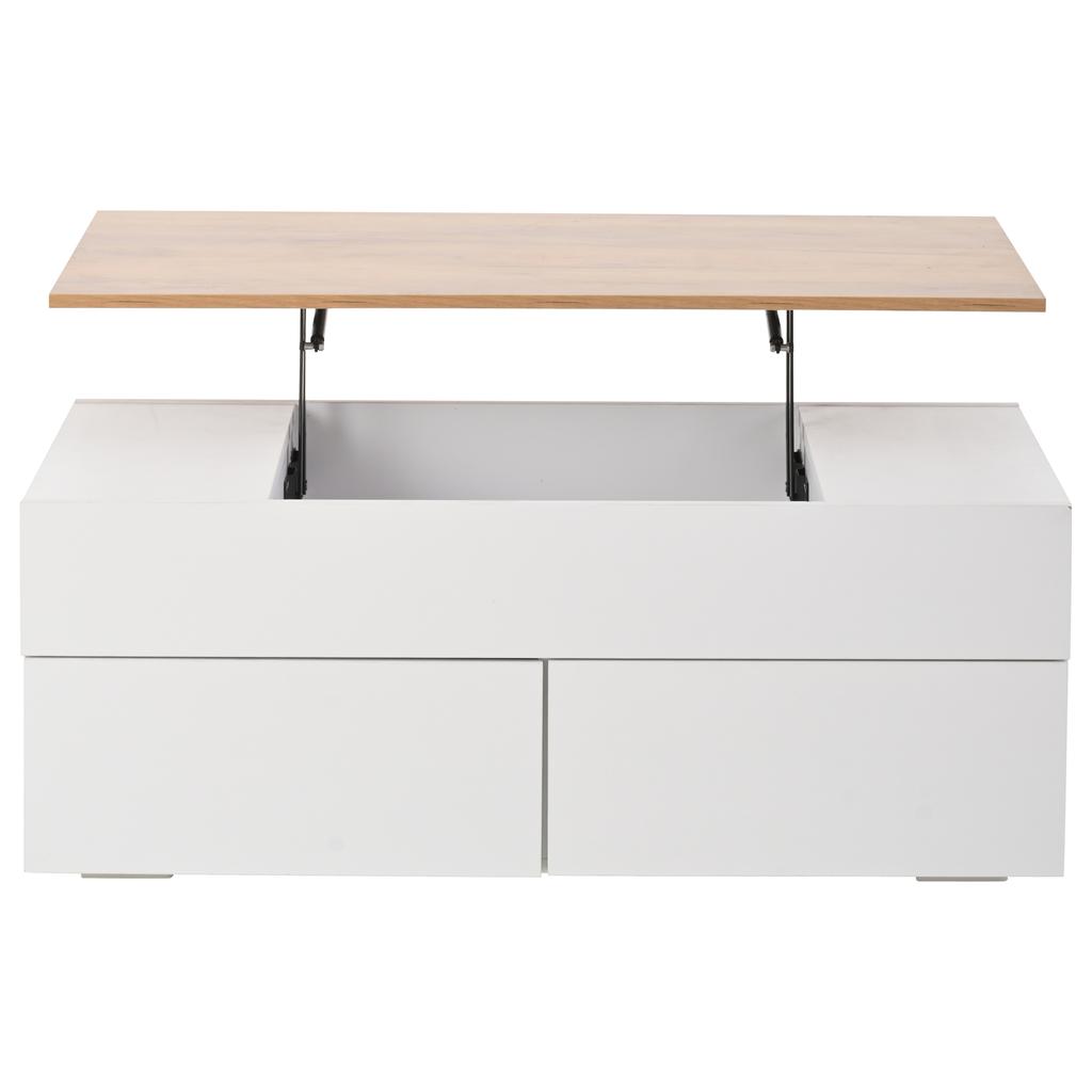 100*50*40cm Height-Adjustable Coffee Table with Hidden Storage, 2 Drawers, Semi-Open Storage, in White + Wood Color