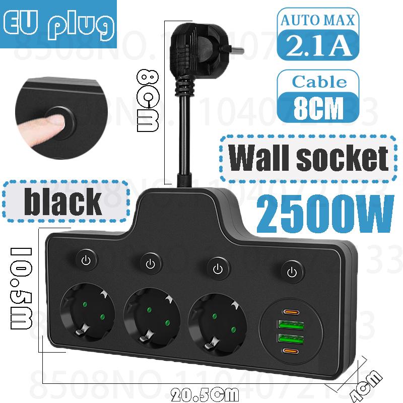 EU Plug Power Strip AC Outlets Multitap Electrical Wall Socket Extension Cord With USB C Ports Fast Charging Wall socket